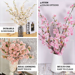 4 Bushes 40" Tall White Artificial Silk Cherry Blossom Flowers, Branches