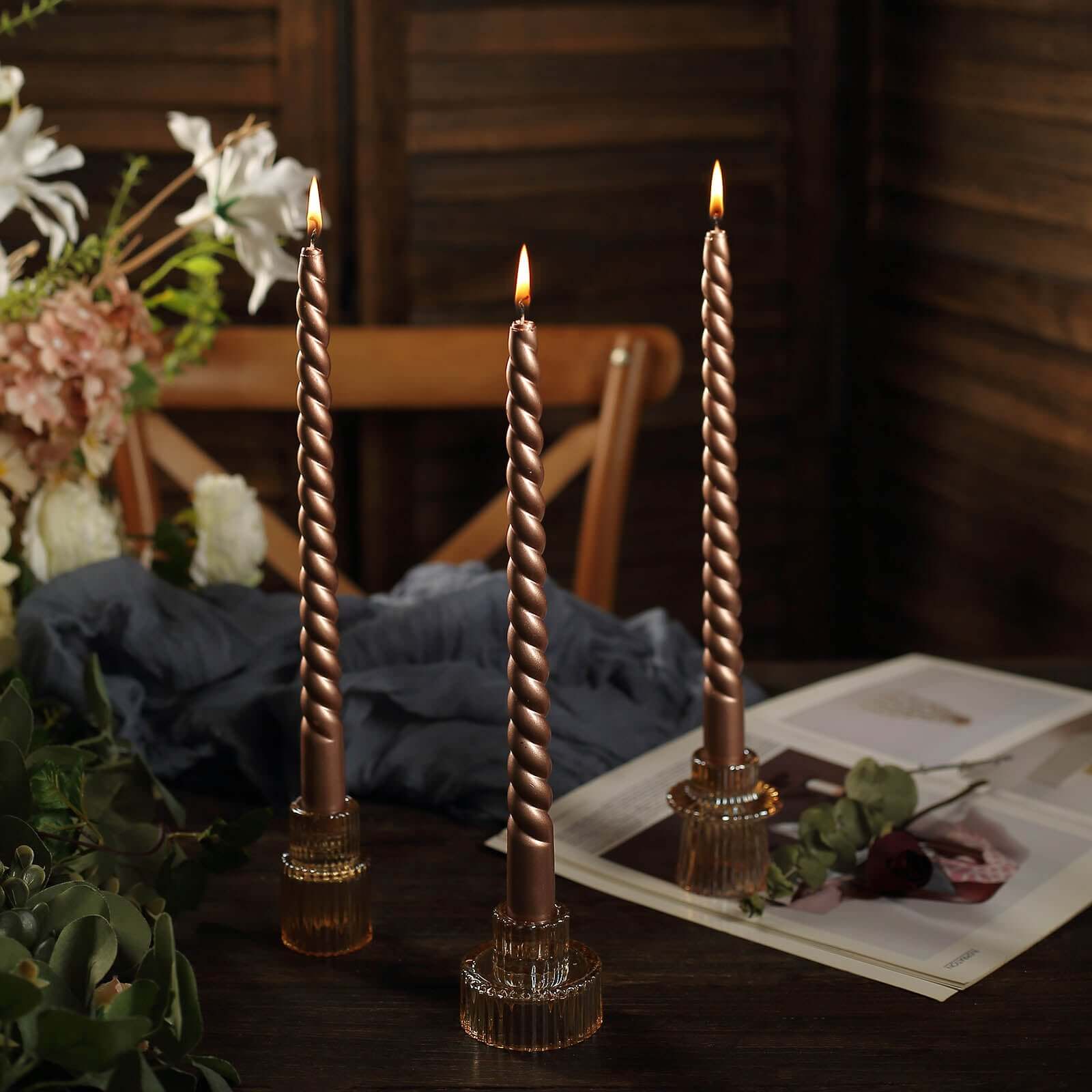 12-Pack Taper Candles Spiral Long Burn Wick Design Matte Rose Gold - Premium Unscented Wax Dinner Candle Sticks 11"