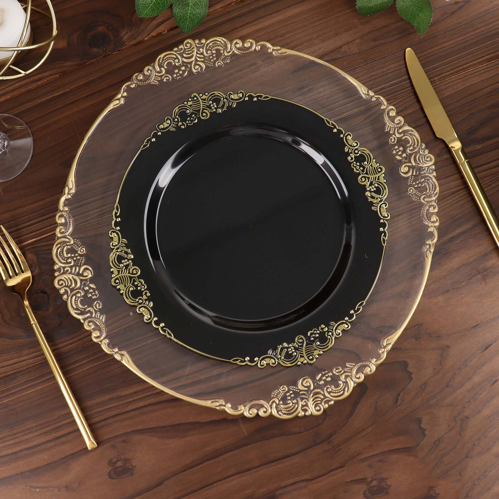 10-Pack Plastic 10" Round Dinner Plates in Black with Gold Leaf Embossed Rim - Disposable Vintage Baroque Style Plates for Luxurious Gatherings & Events