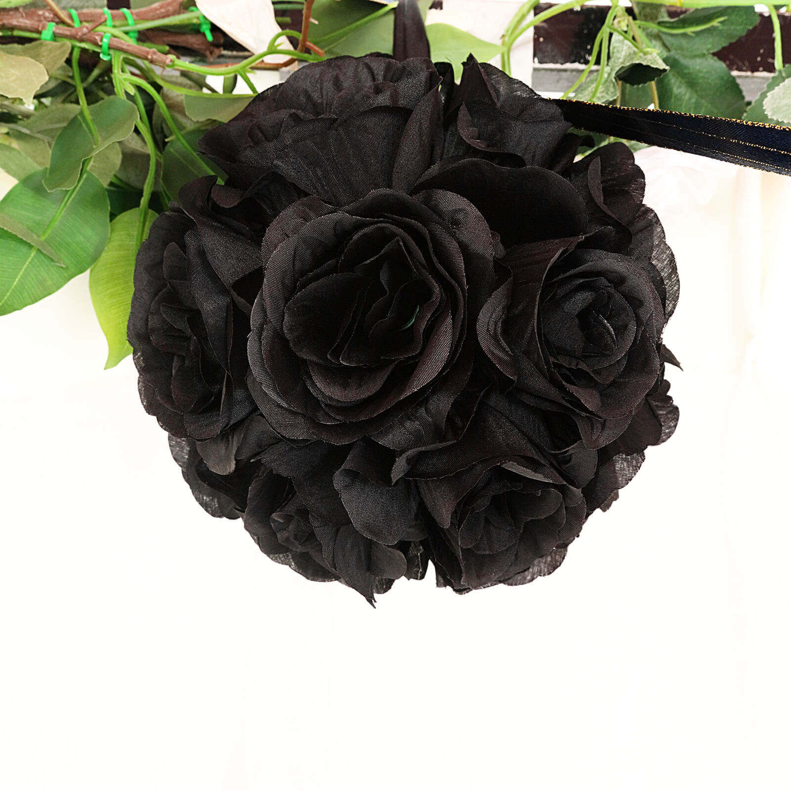 2 Pack 7" Black Artificial Silk Rose Kissing Ball, Faux Flower Ball