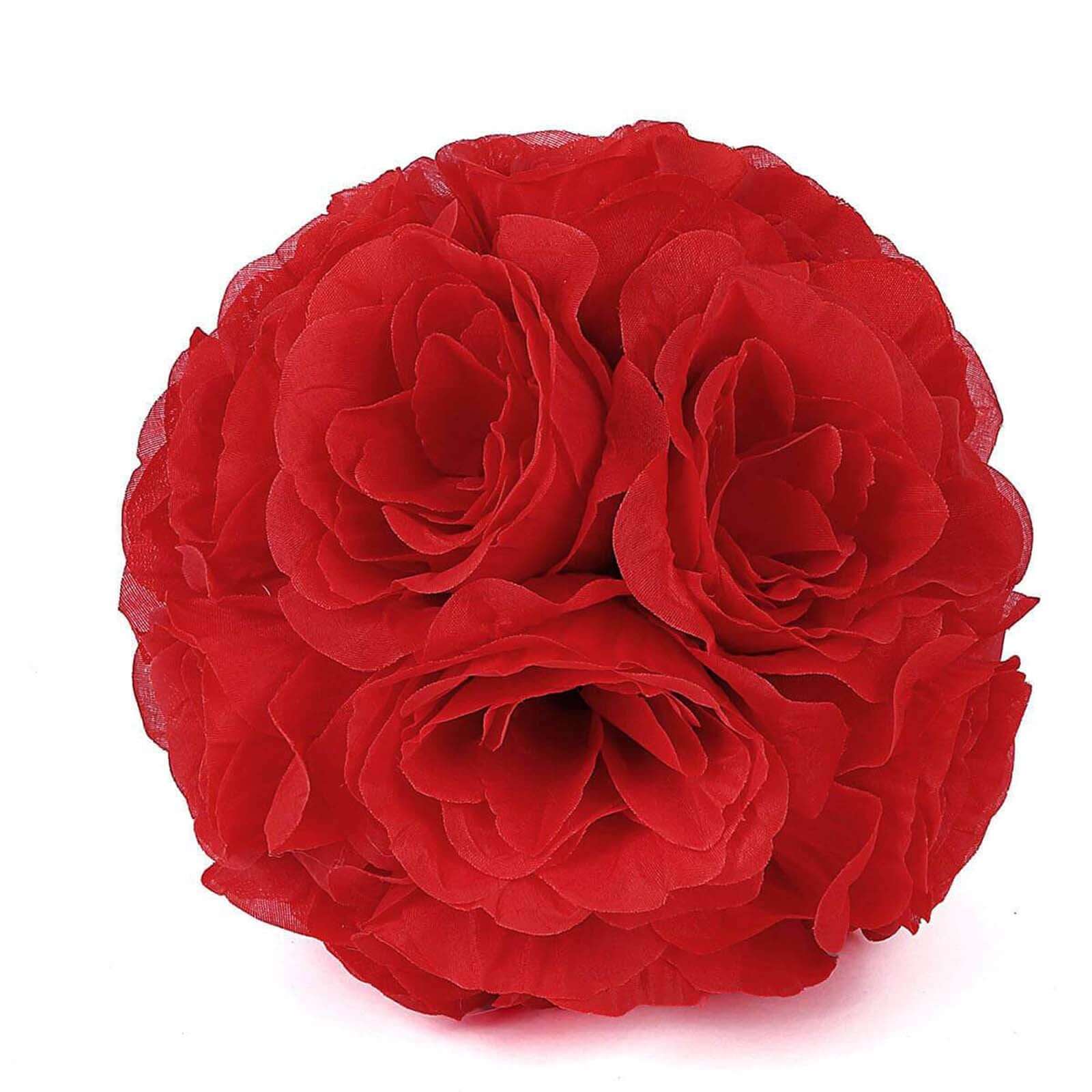 2 Pack 7" Red Artificial Silk Rose Kissing Ball, Faux Flower Ball