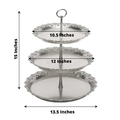 3-Tier Plastic Round Cupcake Stand 15" Metallic Silver with Lace Scalloped Edges