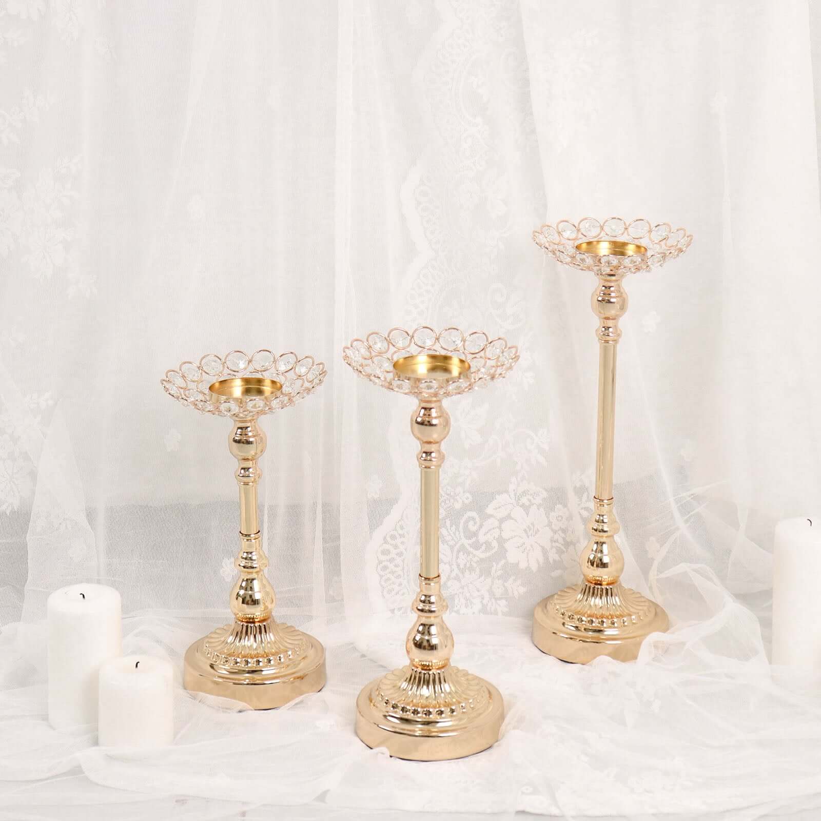 Set of 3 Metal Votive Candle Holders Crystal Beaded Design Gold - Tea Light Centerpieces 11", 13", 15"