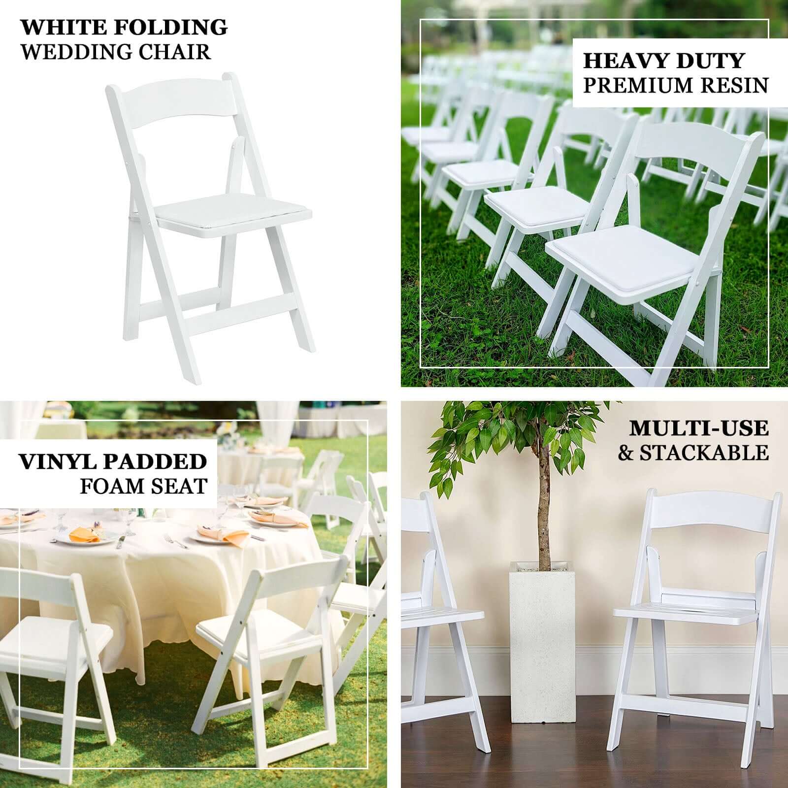 8-Pack Resin Chairs with Vinyl Padded Seat for Folding Use White – Stylish Design for Indoor or Outdoor Weddings & Gatherings