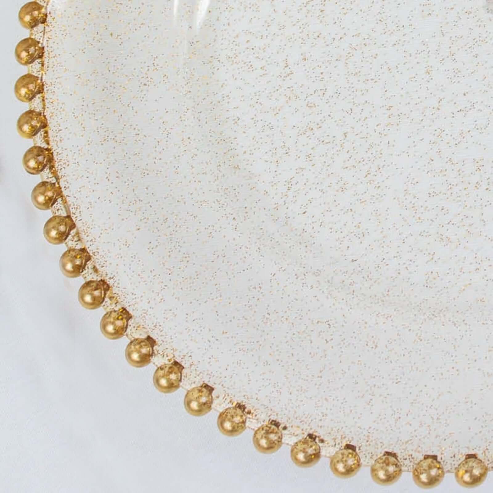 6-Pack Acrylic Round Charger Plates 13" in Clear Gold Glittered with Beaded Rim, Decorative Dinner Party Serving Plates