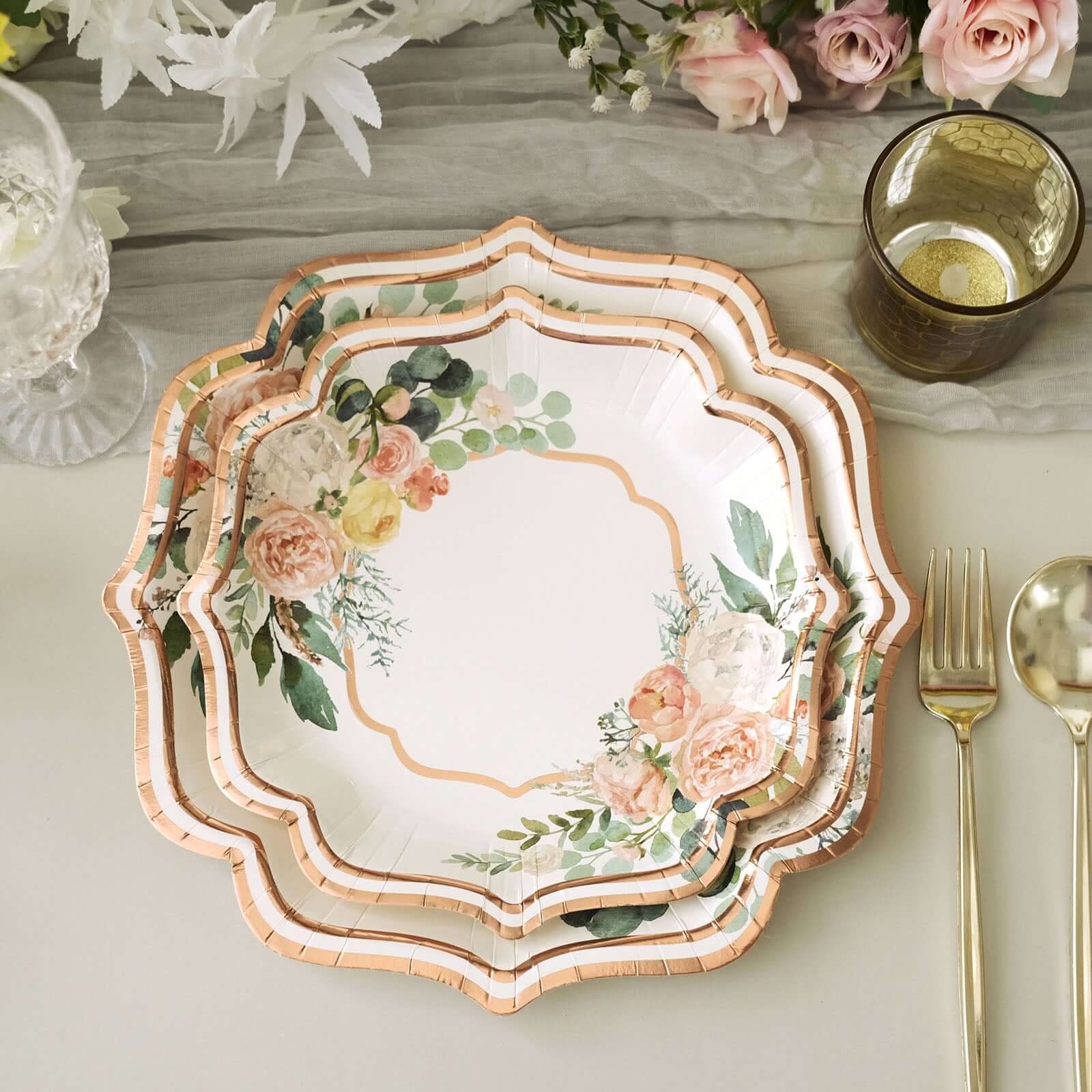 25-Pack Paper 8" Dessert Plates in White with Floral Print & Rose Gold Scallop Rim - Disposable 300GSM Appetizer Salad Plates
