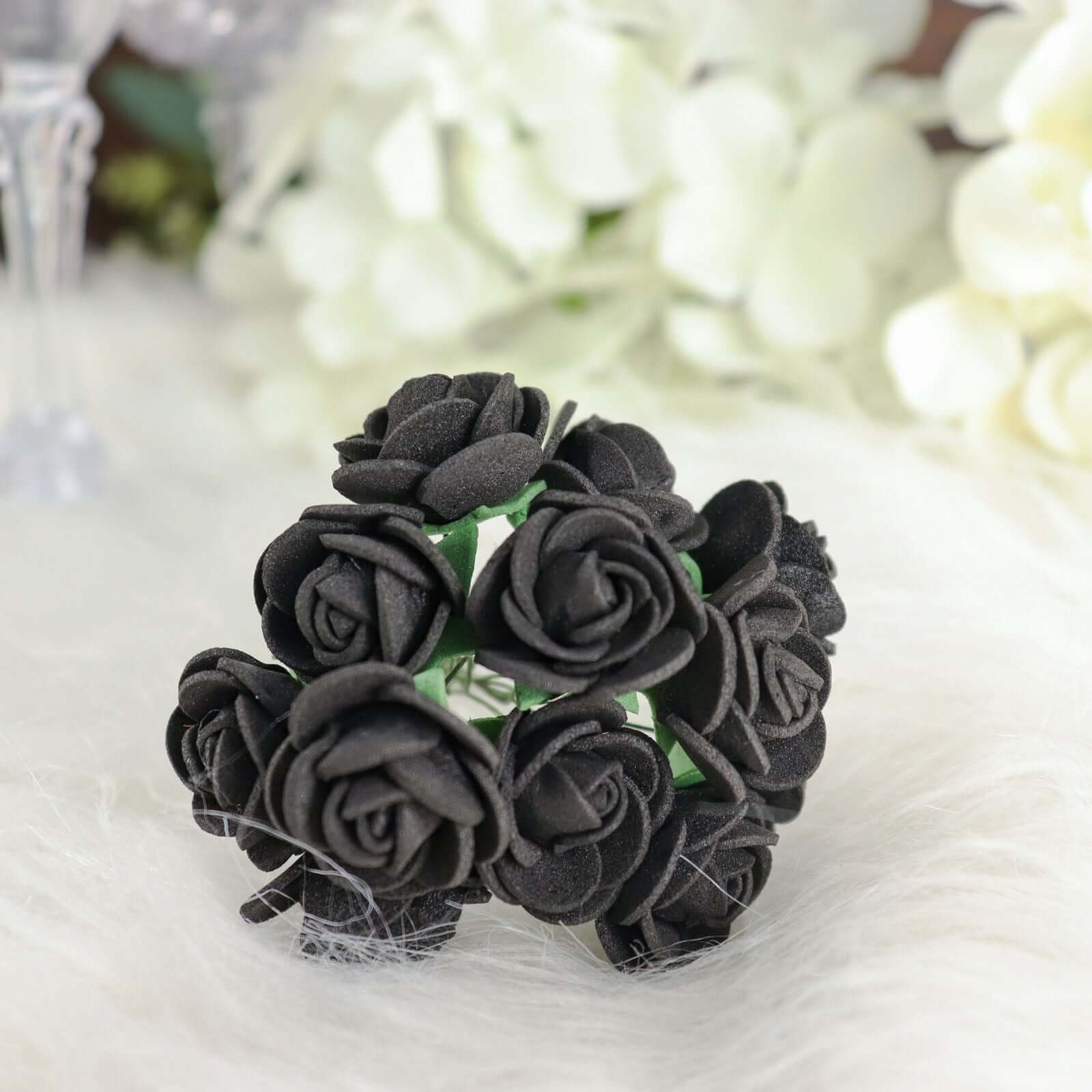 48 Roses 1" Black Real Touch Artificial DIY Foam Rose Flowers With Stem, Craft Rose Buds