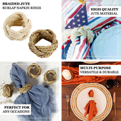 4 Pack Farmhouse Style Natural Burlap Napkin Rings, Handmade Braided Jute Napkin Holders