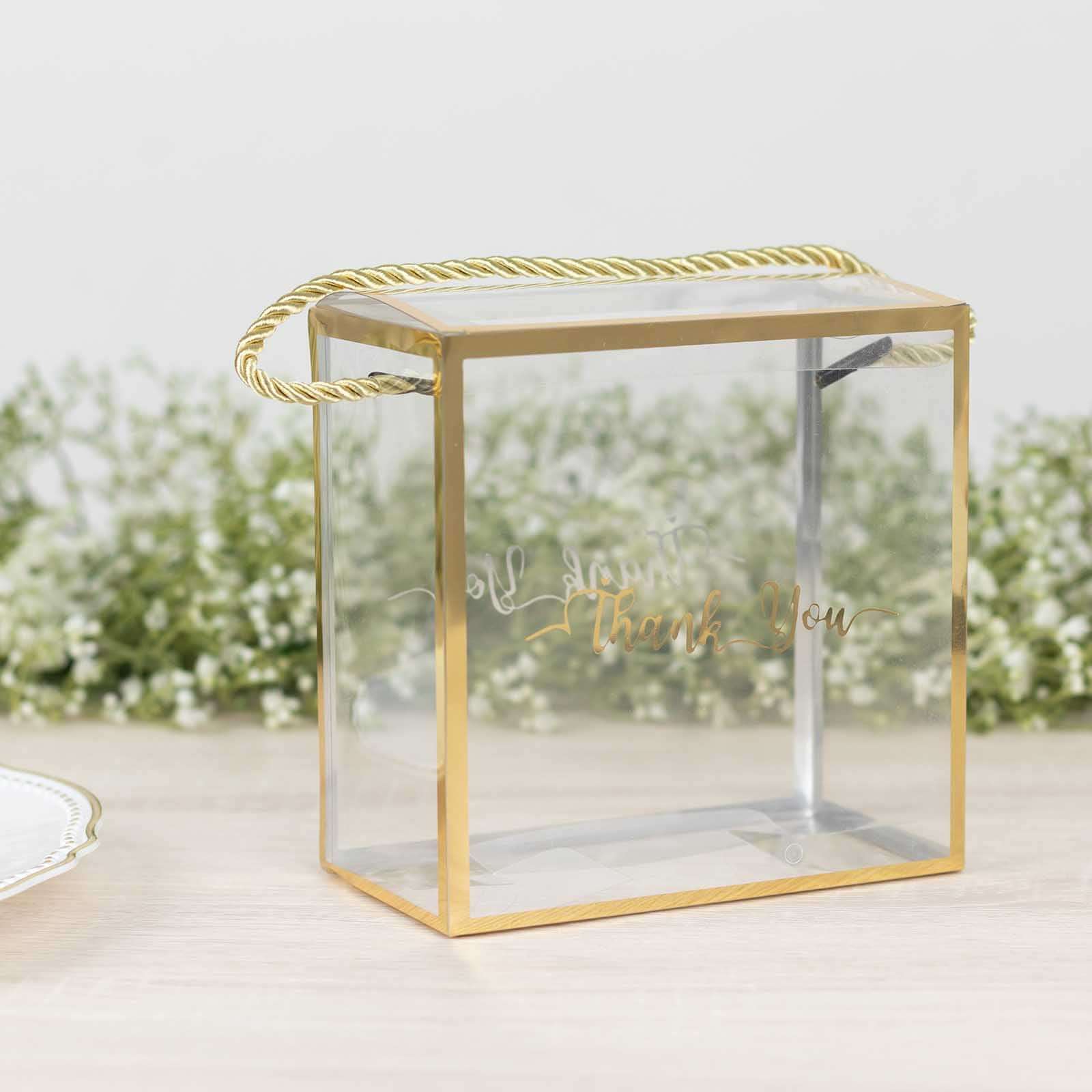 25 Pack Gold Trimmed Clear PVC Gift Boxes with Rope Handles and Thank You Print, Transparent Portable Candy Favor Boxes - 5.5"x5.5"
