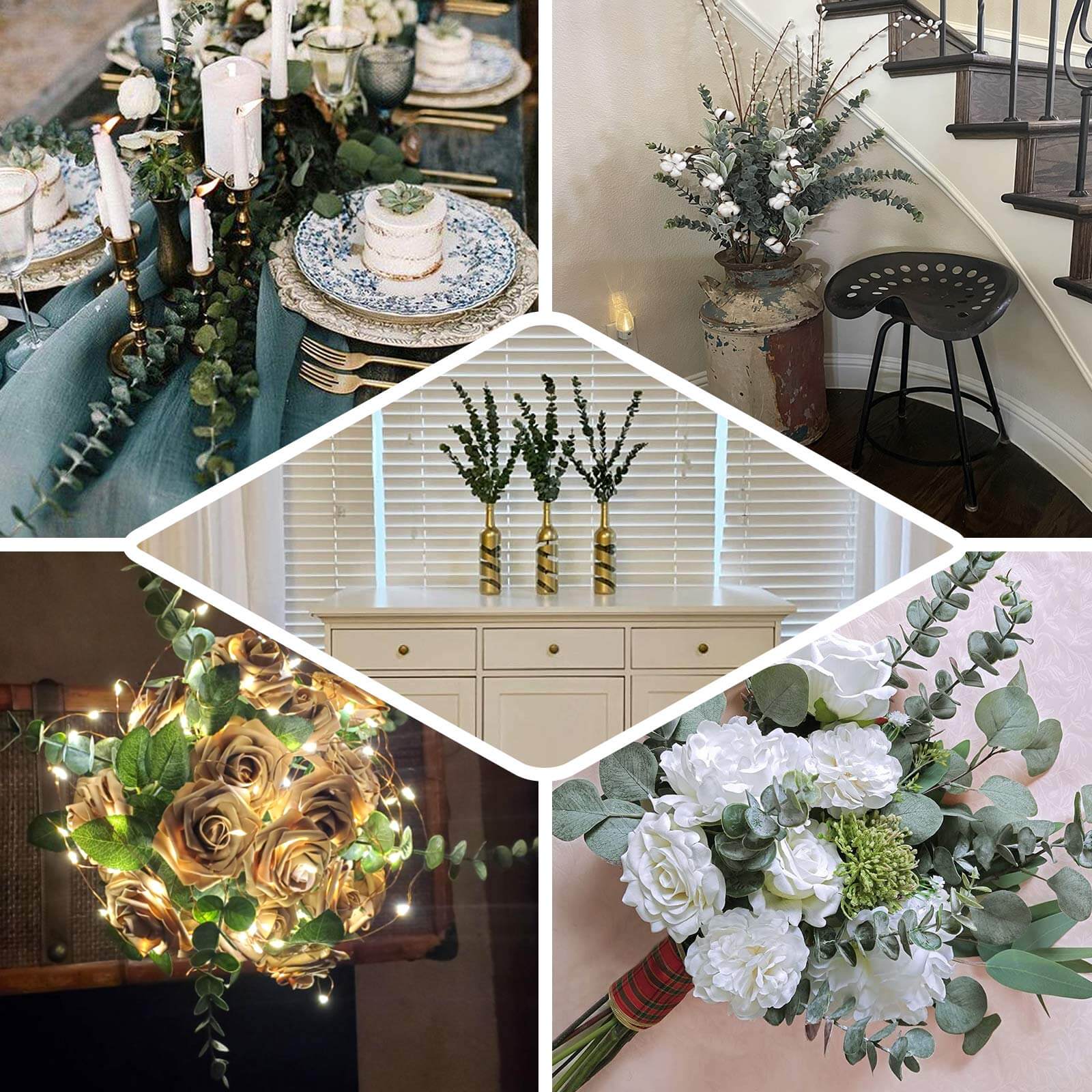 3 Bushes 30" Frosted Green Artificial Eucalyptus Branches Faux Plant