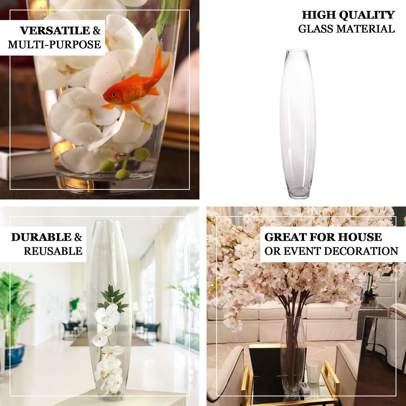 Glass Vase Cylinder Design Tapered Clear - Durable Heavy Duty Flower Centerpiece for Events 31"