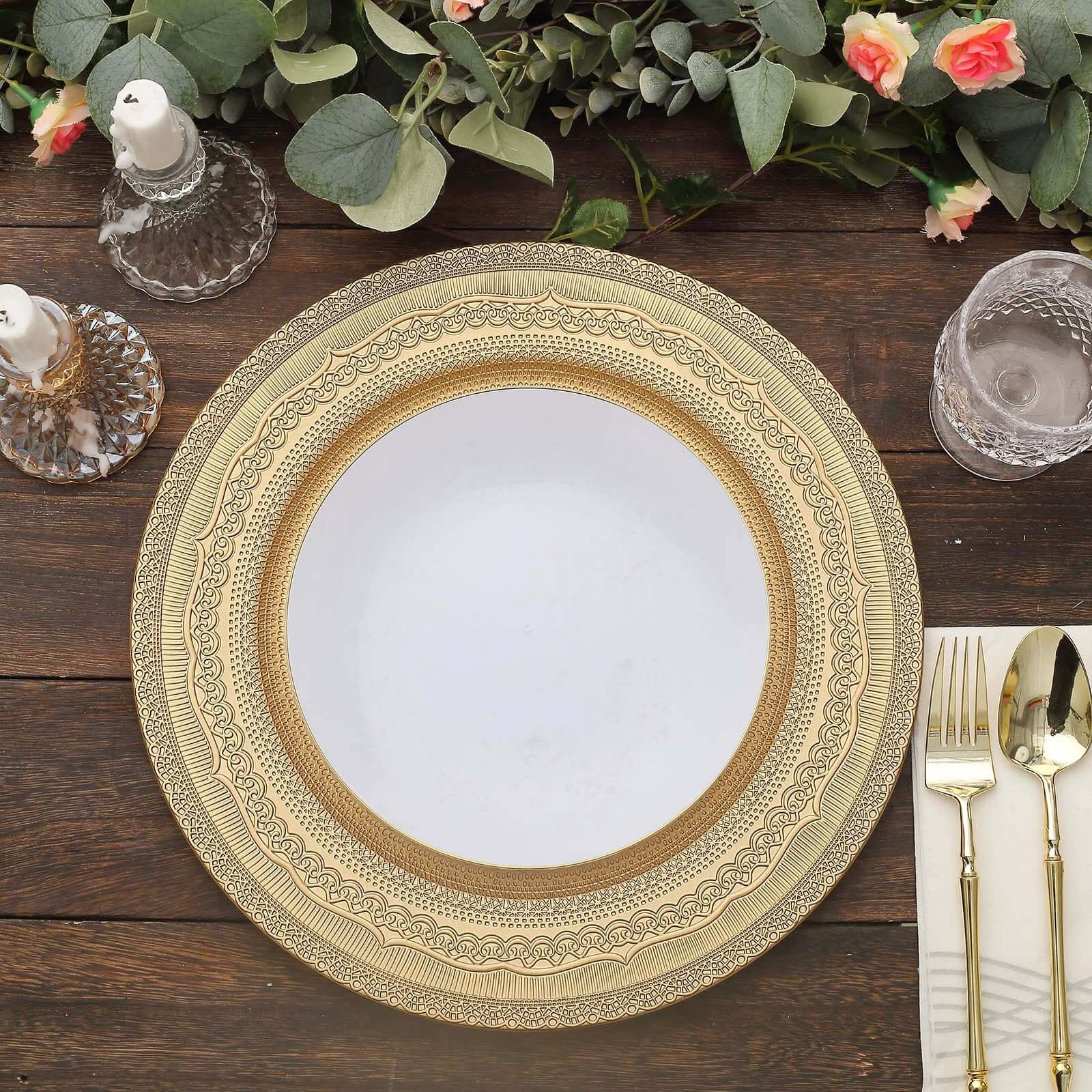 6-Pack Acrylic Round Charger Plates 13" in Gold with Lace Embossed Rim, Rustic Plastic Decorative Charger Tableware