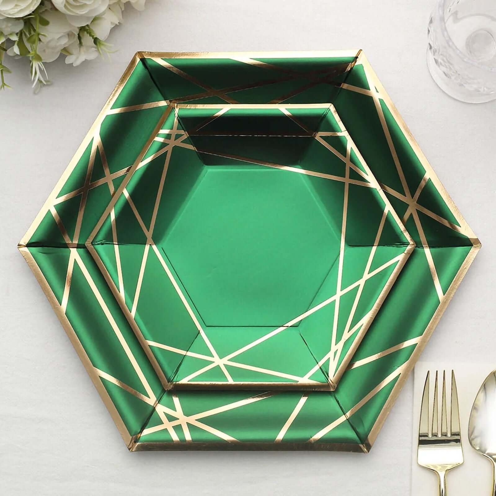 25-Pack Paper 7" Hexagon Dessert Plates in Hunter Emerald Green with Gold Geometric Lines & Rim - Stylish Disposable Geometric 300GSM Appetizer Salad Plates