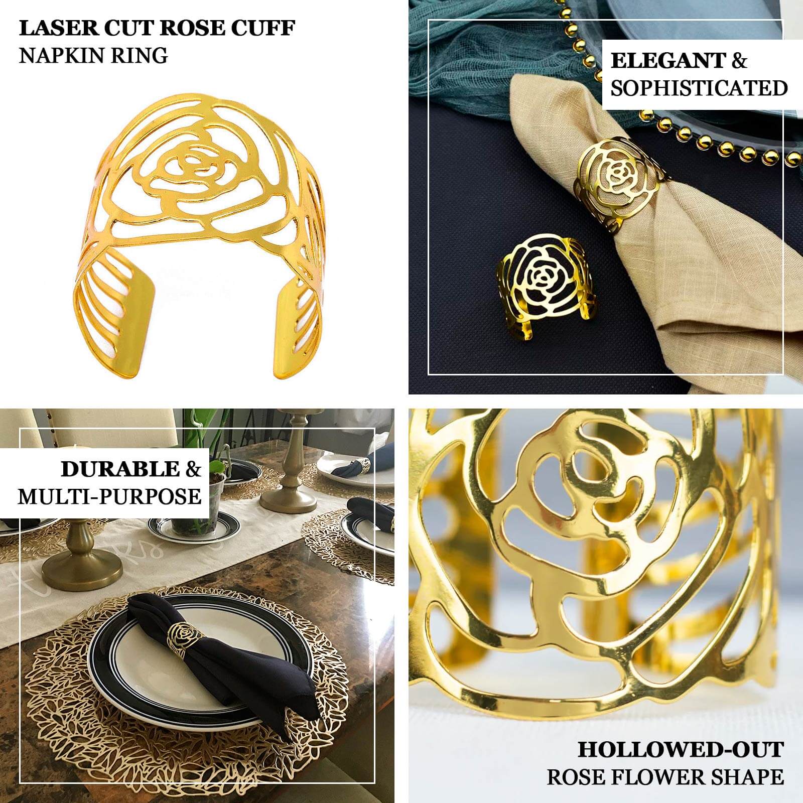 4 Pack Shiny Gold Laser Cut Rose Round Metal Napkin Rings, Decorative Flower Napkin Holders