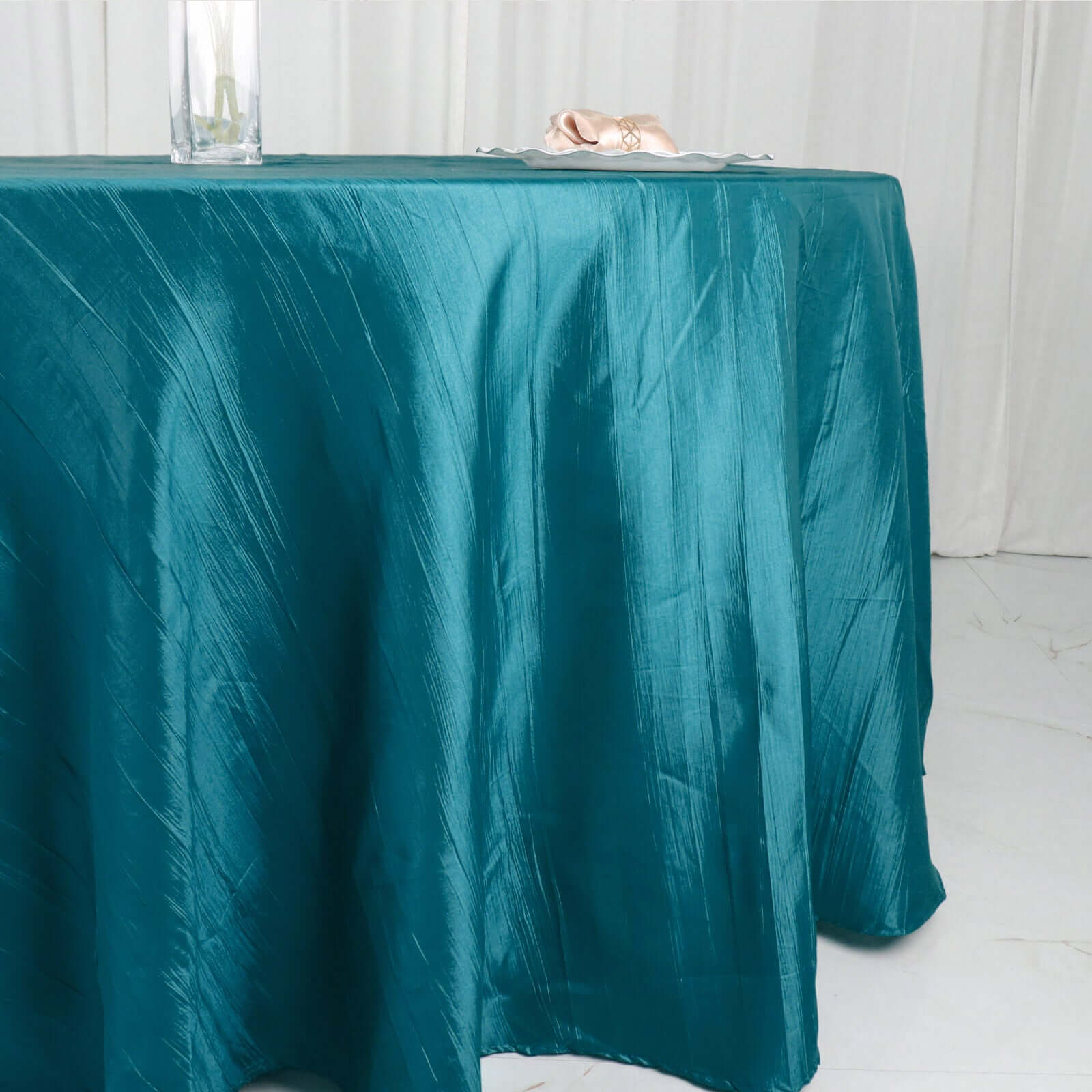 Taffeta 120" Round Tablecloth Teal - Seamless Accordion Crinkle Table Cover