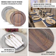 6-Pack Plastic Round Charger Plates 13" in Natural with Faux Wood Finish, Rustic Boho Chic Dinner Party Charger Tableware