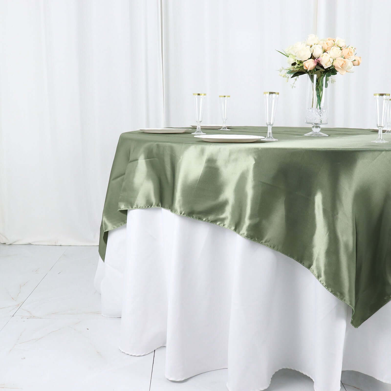 Satin 72"x72" Table Overlay Square Tablecloth Dusty Sage Green - Smooth Finish Table Cover