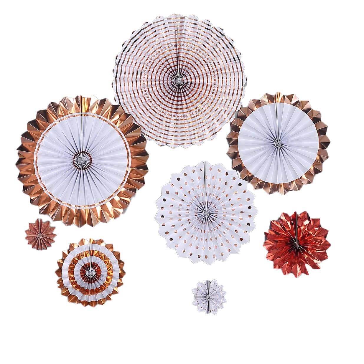 Set of 8 Gold Rose Gold Hanging Paper Fan Decorations, Pinwheel Wall Backdrop Party Kit - 4", 8", 12"