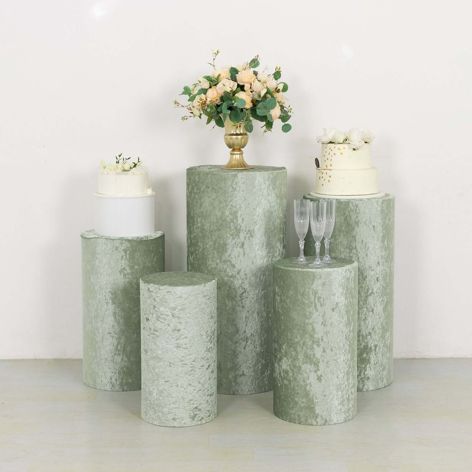 Set of 5 Sage Green Crushed Velvet Cylinder Pedestal Stand Covers, Premium Pillar Prop Covers