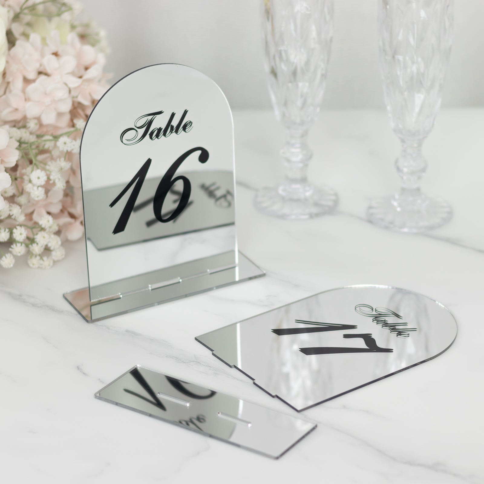 Silver Mirror Arch Acrylic Table Numbers (11-20) - 6"x7" Wedding Reception Signs with Black Print & Stands