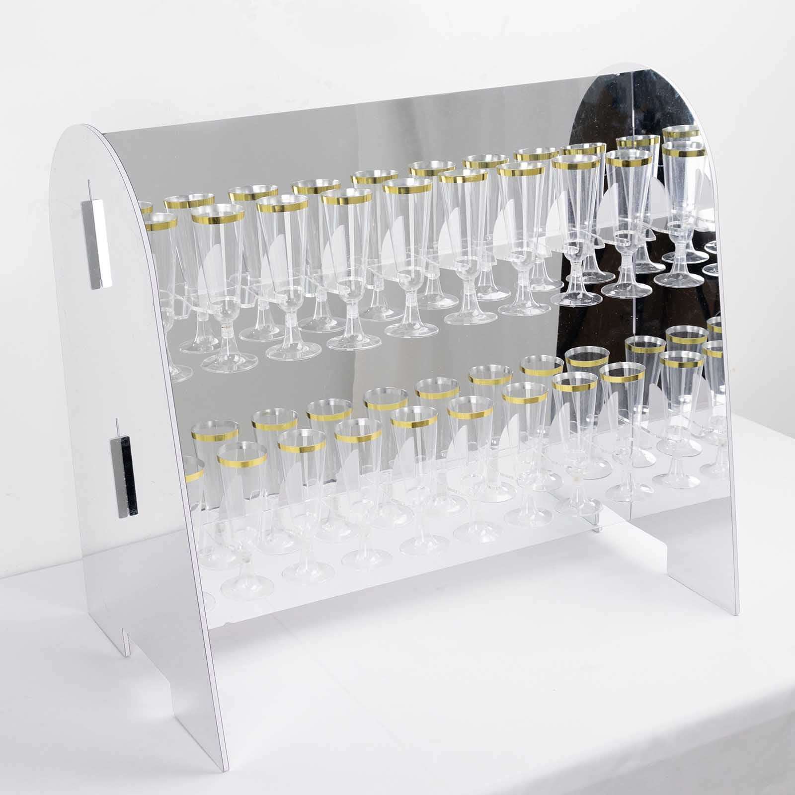 2-Tier Champagne Glass Holder Display Stand Table Top in Silver Mirror Finish - Modern Stemware Rack Cocktail Drink Holder with 18 Hooks for Events & DIY Bars 25"