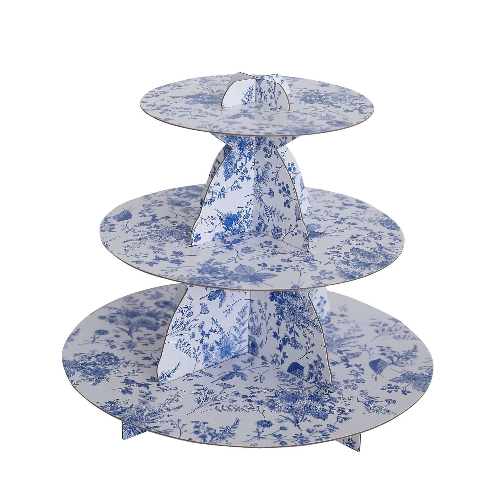 3-Tier Cardboard Cupcake Stand White with Blue French Toile Pattern - Reusable Dessert Display Stand Round Serving Platter for High-Tea Gatherings Weddings & Spring Celebrations 11"