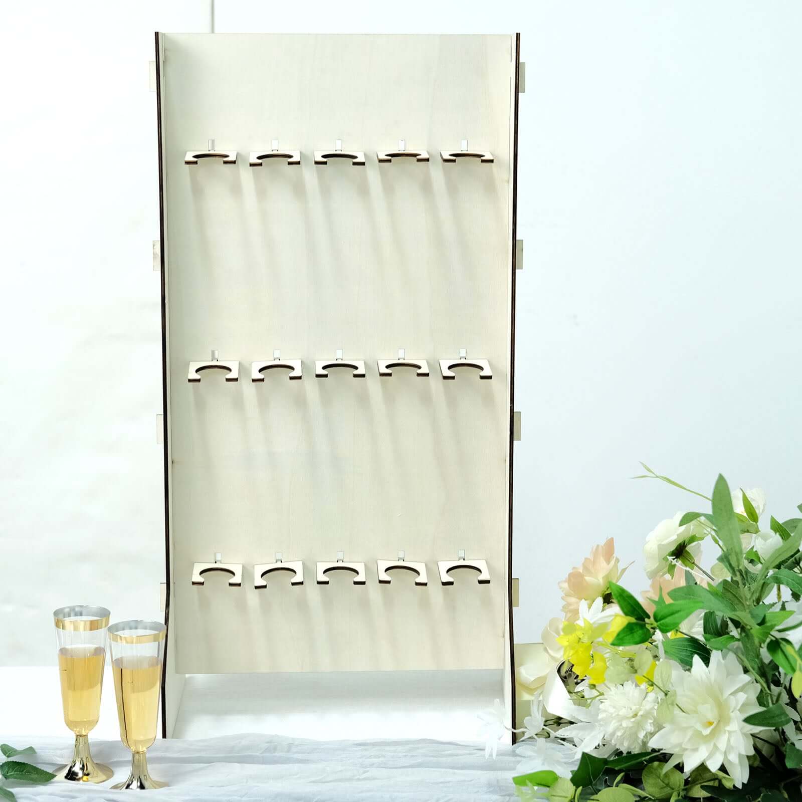 3-Tier Wooden Rectangle Champagne Wall Glass Holder in White for Rustic Events & Banquets