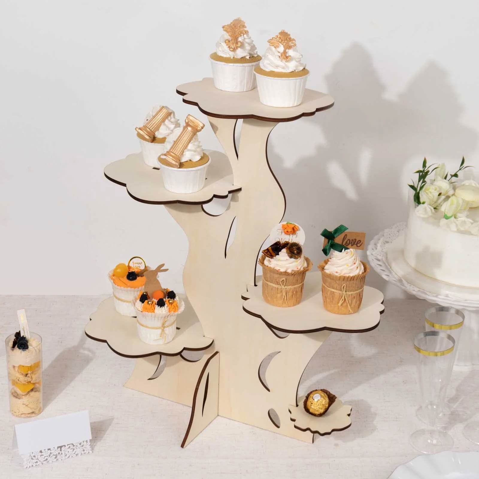 5-Tier Wooden Cake Stand Natural Tree Tower Design with Laser Cut Details - Rustic Cupcake Dessert Display 19" Tall