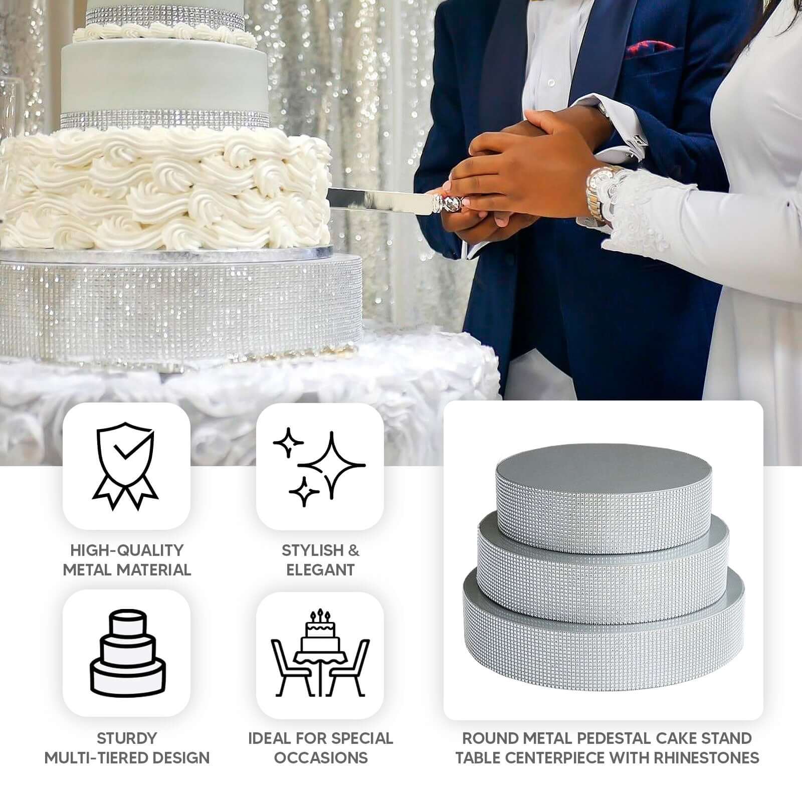 Metal Pedestal Cake Stand Round Design with Rhinestones Silver - Cupcake Holder and Dessert Table Centerpiece 14"