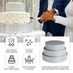 Metal Pedestal Cake Stand Round Design with Rhinestones Silver - Cupcake Holder and Dessert Table Centerpiece 14"