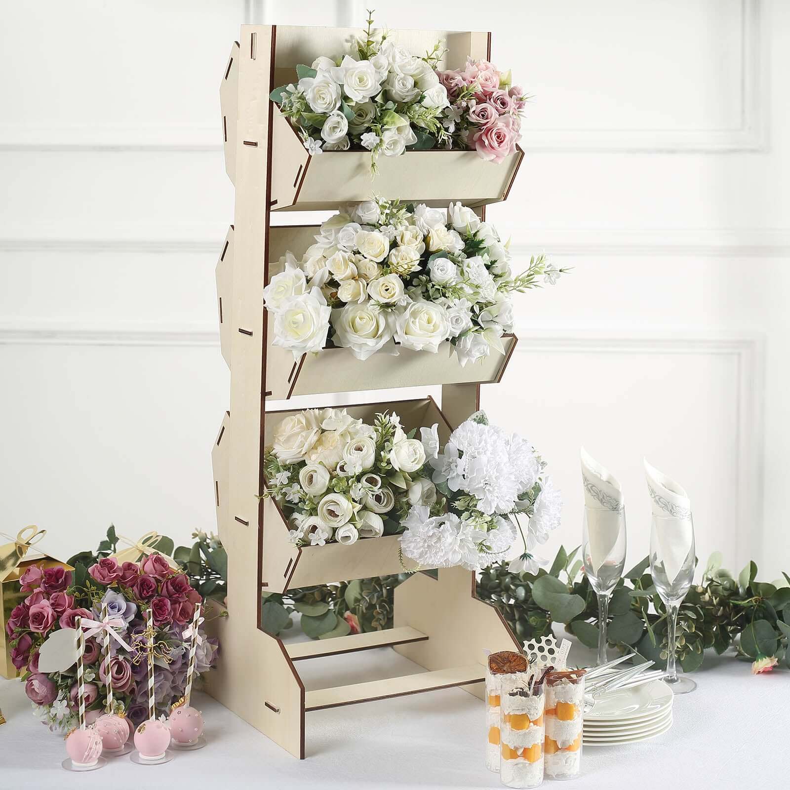 3-Tier Wooden Display Rack Basket Floor Standing Design Natural - Rustic Tabletop Cupcake Dessert Shelf Holder 33"