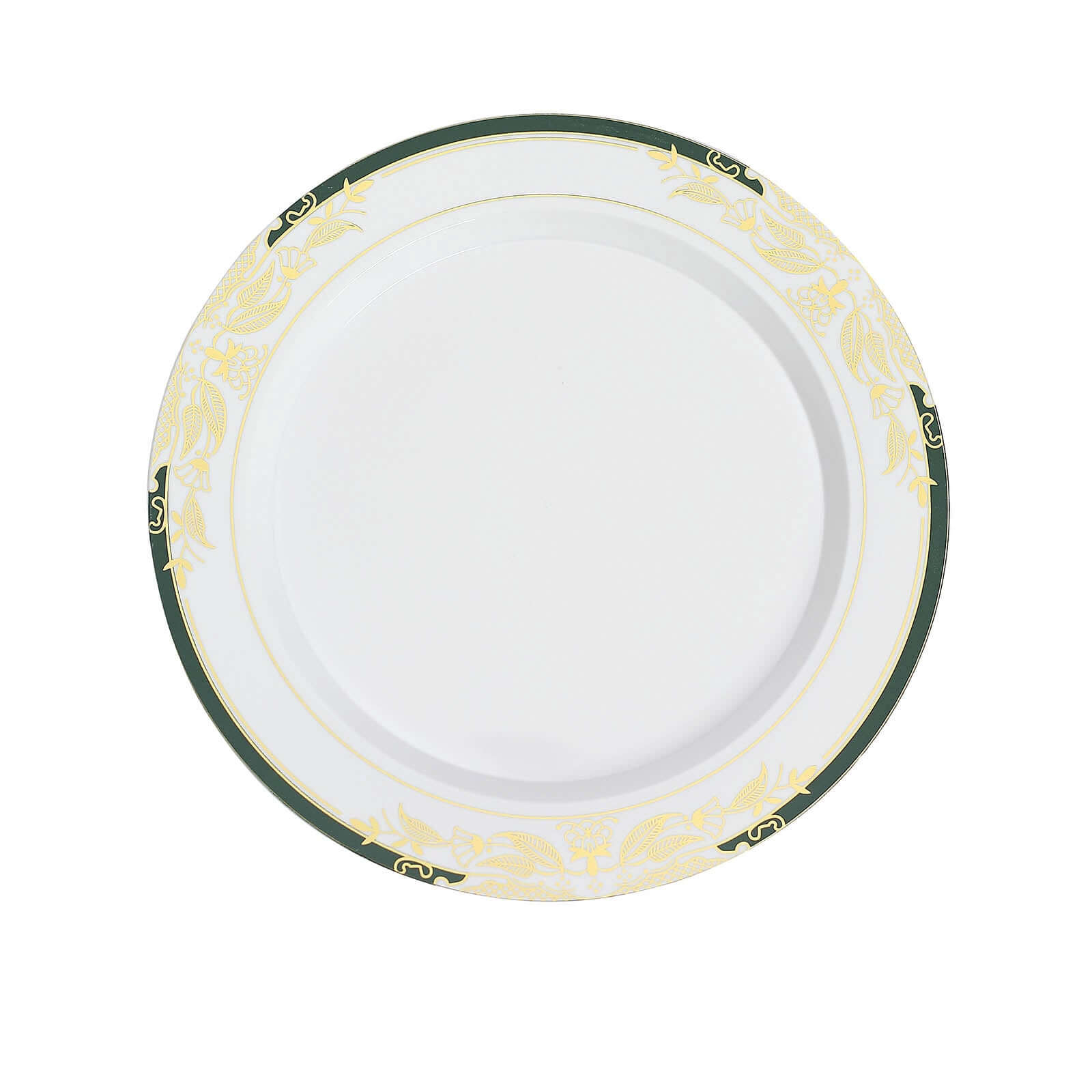 10-Pack Plastic 8" Round Dessert Plates in White with Hunter Emerald Green Rim - Stylish Gold Vine Design Disposable Salad/Appetizer Plates for Special Occasions & Celebrations