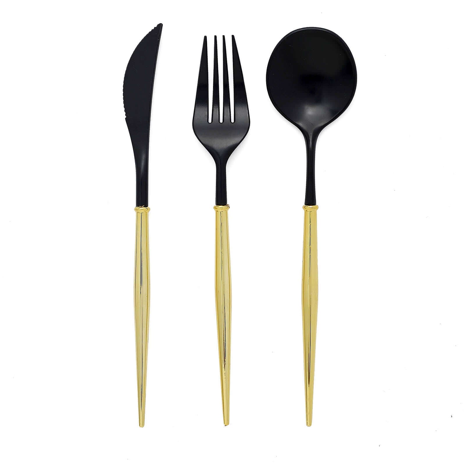 24-Pack Plastic Flatware Set in Black with Gold Handle - Heavy Duty Disposable Modern Silverware 8"
