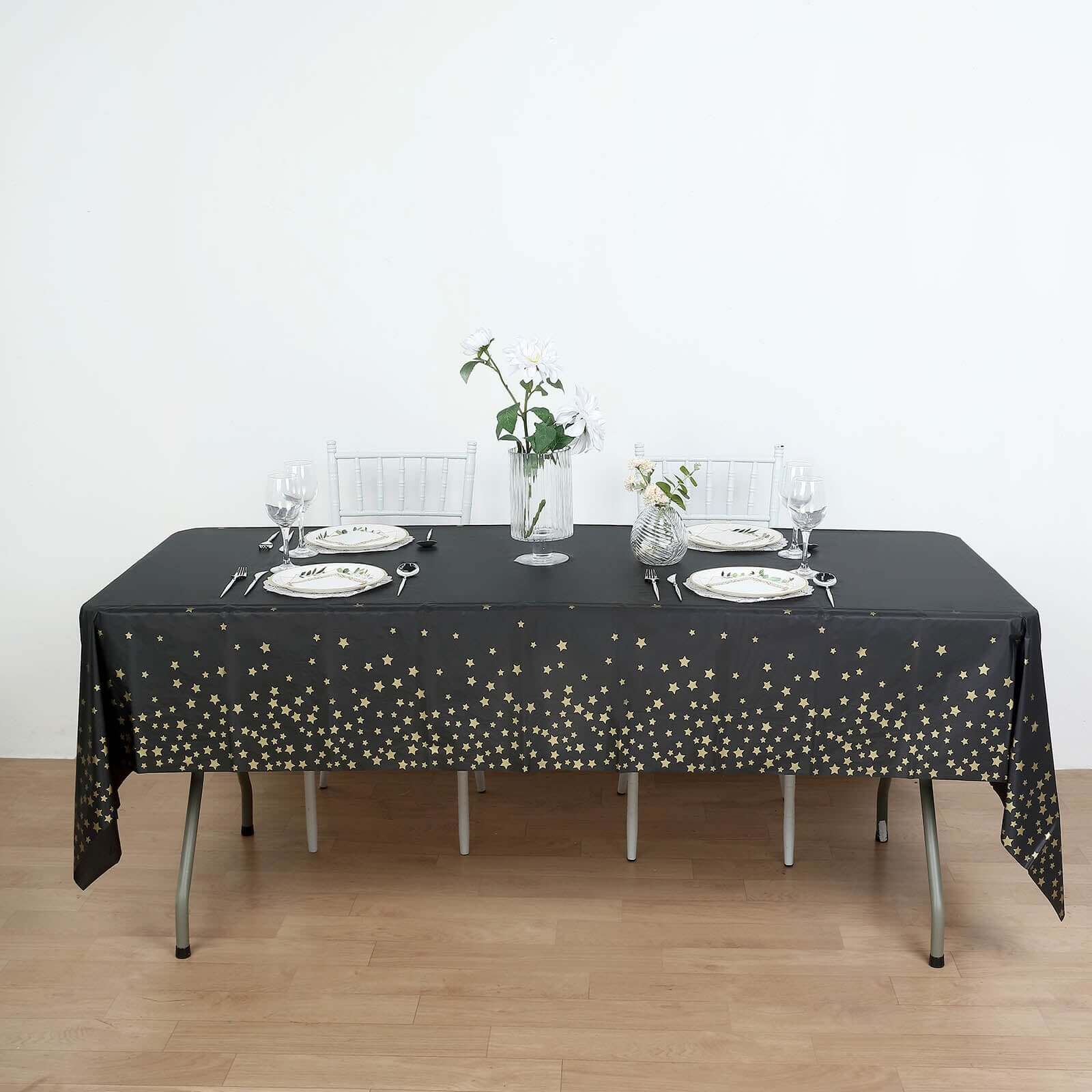 5-Pack Plastic Table Covers Black Rectangle with Gold Stars - Decorative PVC Disposable Tablecloths 54"x108"