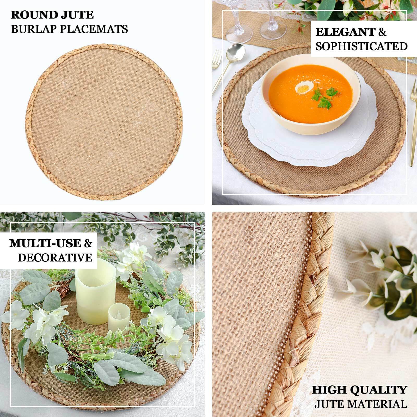 4-Pack Placemats Braided Edge Design Natural Burlap Jute Round - Rustic Farmhouse Style with Trim 15"