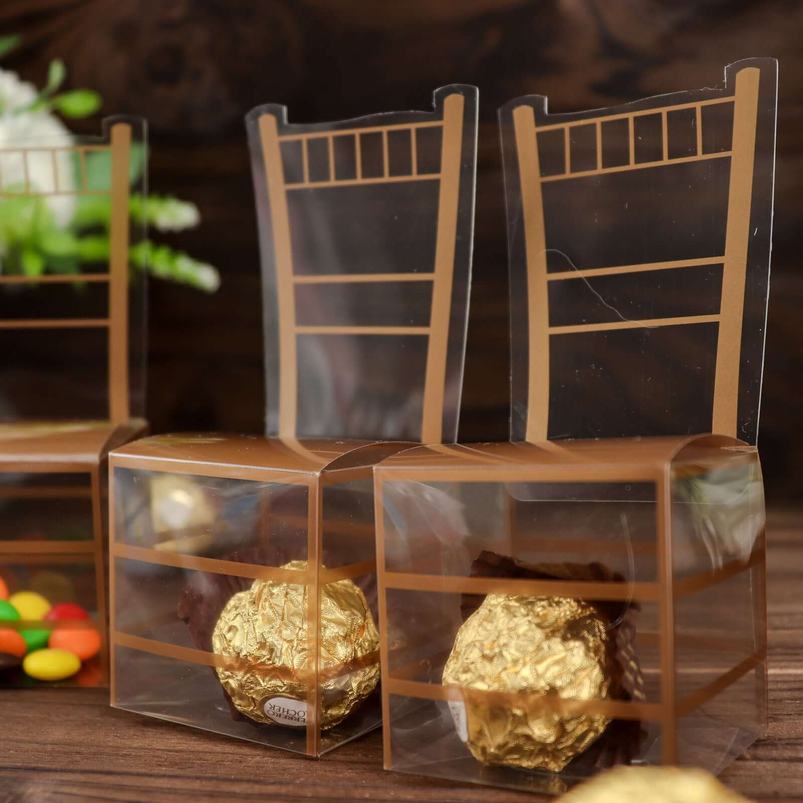 25 Pack Clear and Gold PVC Chiavari Chair-Shaped Party Favor Candy Gift Boxes - 2"x5"