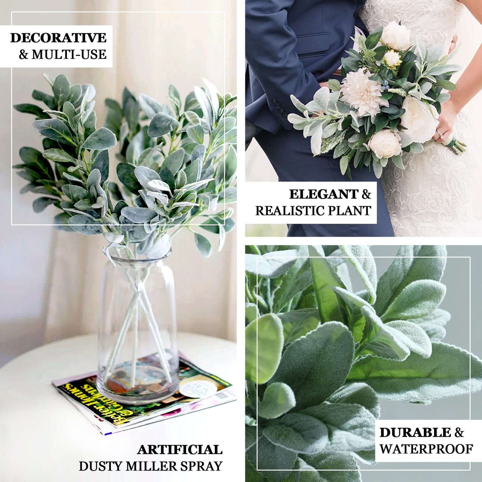 2 Stems 24" Tall Frosted Green Artificial Lambs Ear Leaf Indoor Plant