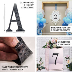 Decorative Rhinestone Number "4" Stickers, Glitter Adhesive Craft Numbers Black DIY Sparkle Embellishments 8"