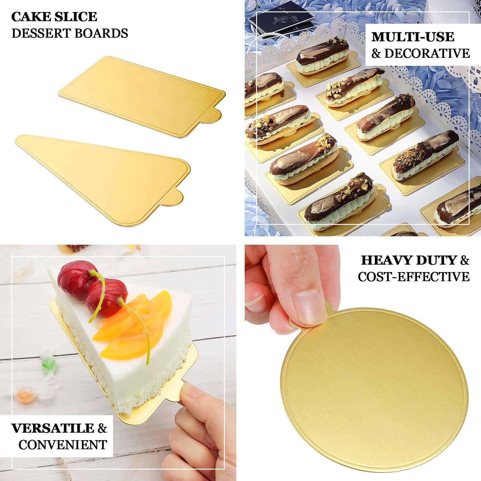 50-Pack Triangle Cake Boards in Gold Cardboard - Grease Proof Mini Paper Trays for Pastries Cupcakes & Dessert Slices 2.8"x 4.5"