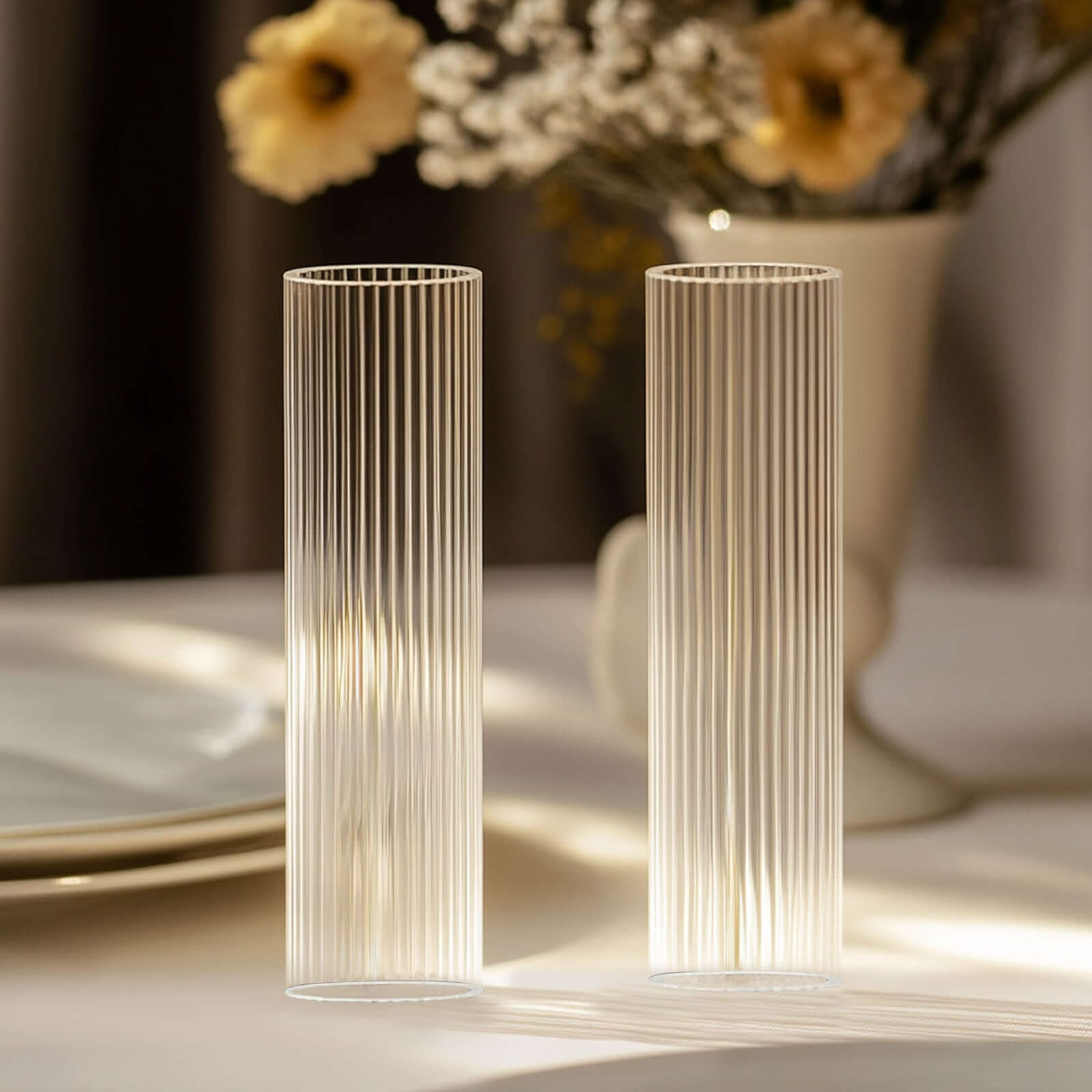 2-Pack Clear Ribbed Glass Hurricane Shades Open End Design - Stylish Candelabra Pillar Candle Holder Table Centerpiece 18"
