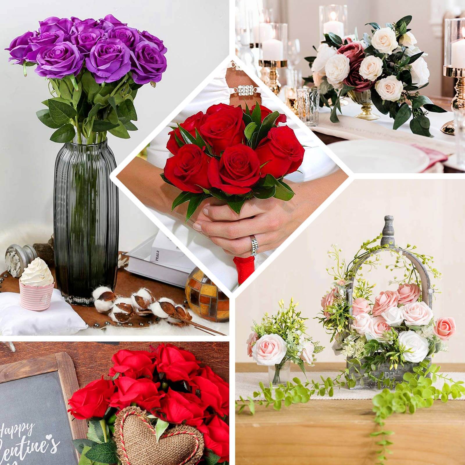 2 Bushes 18" Real Touch Red Artificial Rose Flower Bouquet, Silk Long Stem Flower Arrangements