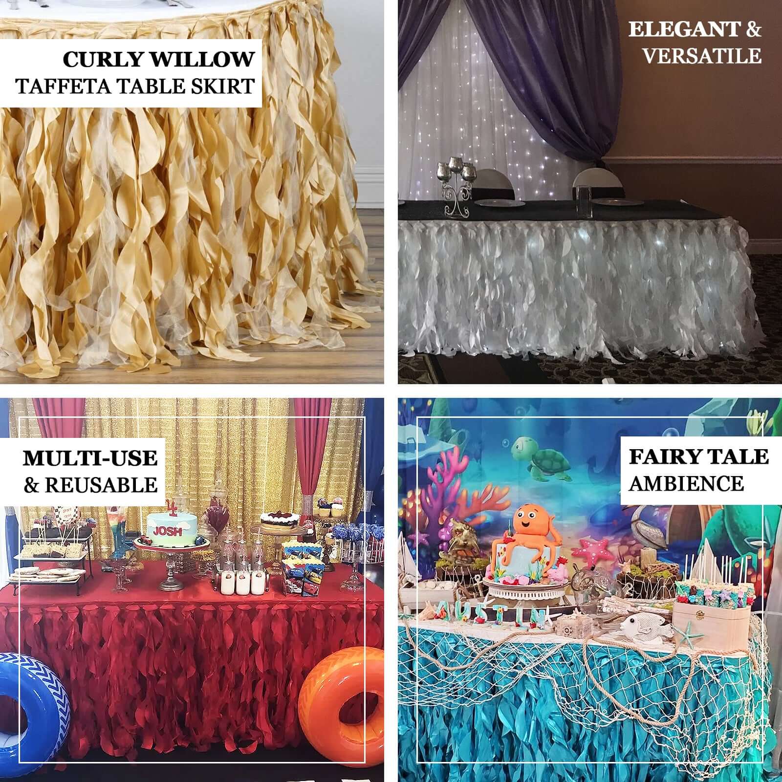 Taffeta 14ft Table Skirt Champagne - Cascading Curly Willow Style Table Cover