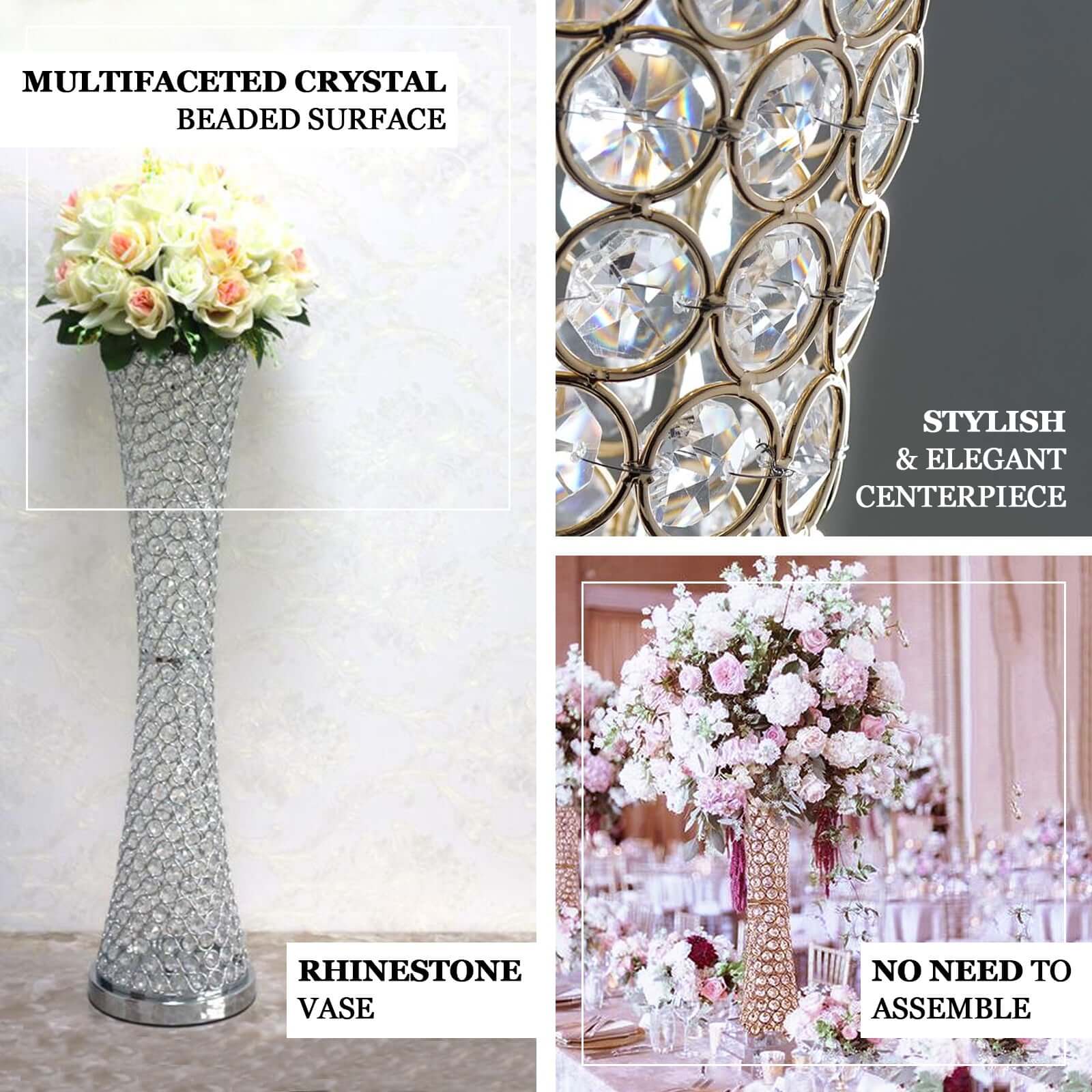 Metal Hurricane Floral Vase Centerpiece Metallic Gold with Crystal Beaded Design - Table Decorative Stand 24"