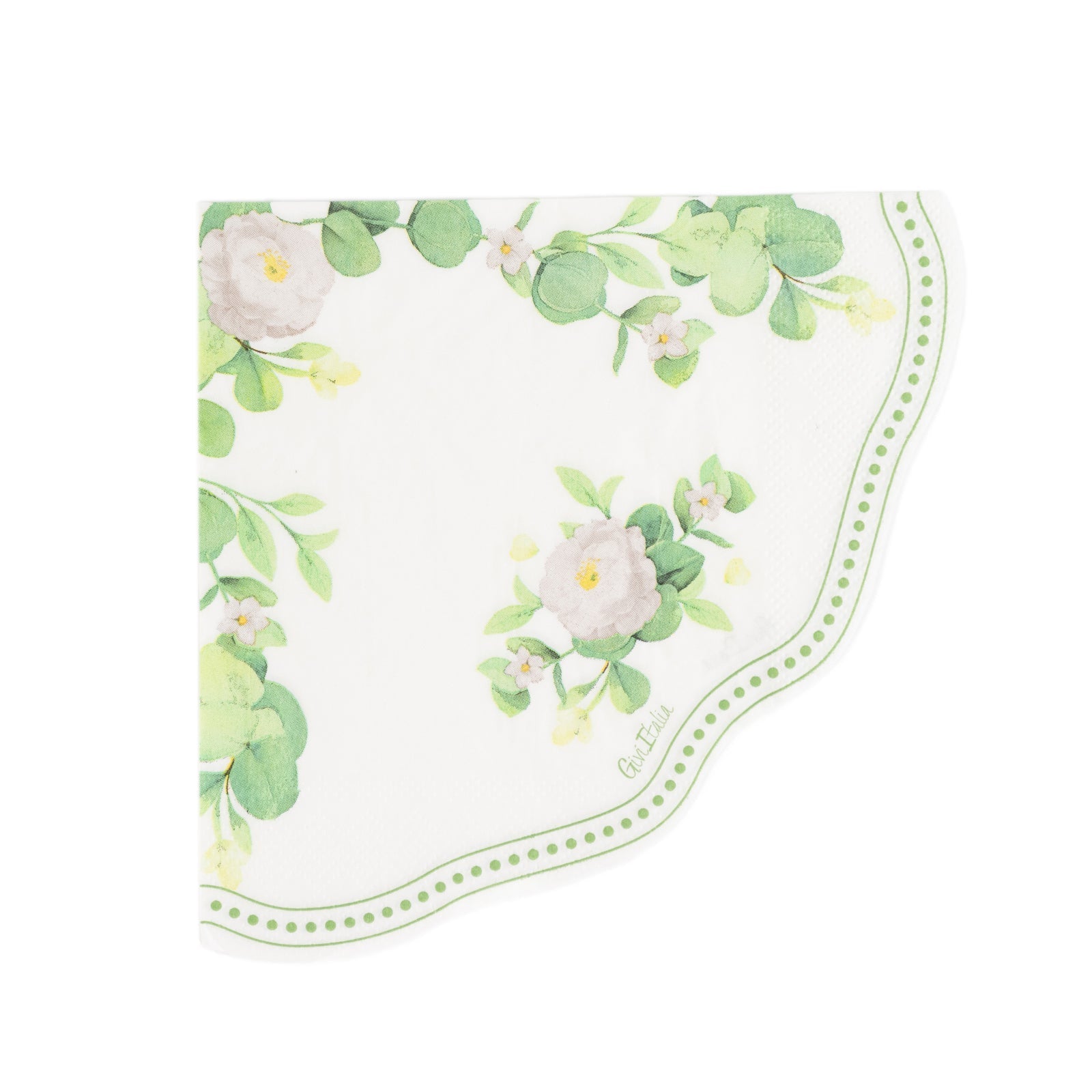 25-Pack Round Paper Cocktail Napkins with Floral Greenery and Scalloped Edge White - Disposable 2 Ply Beverage Napkins 6.25"x6.25"