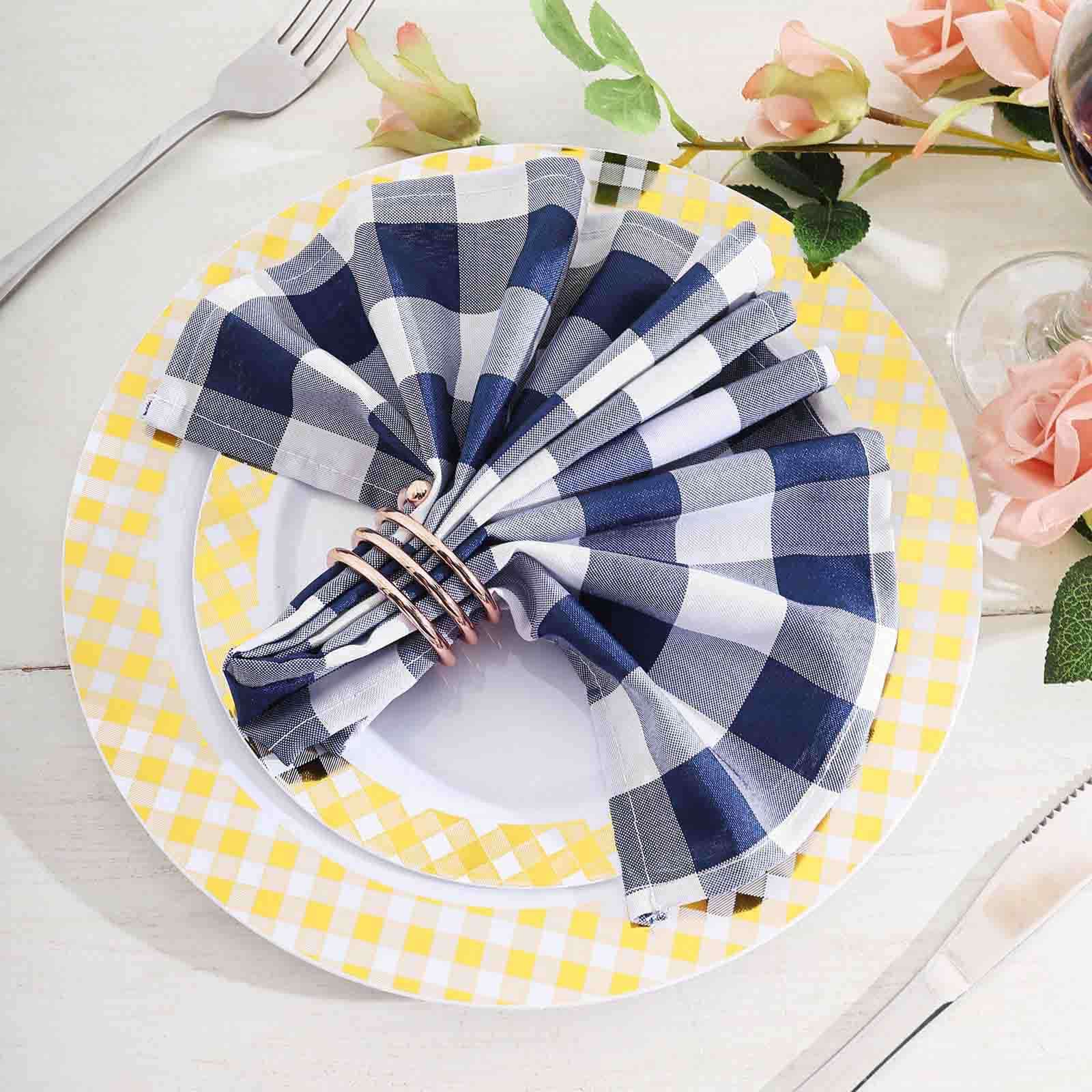 5 Pack Polyester 15"x15" Napkins Navy Blue/White Buffalo Plaid Gingham Style Cloth Napkins
