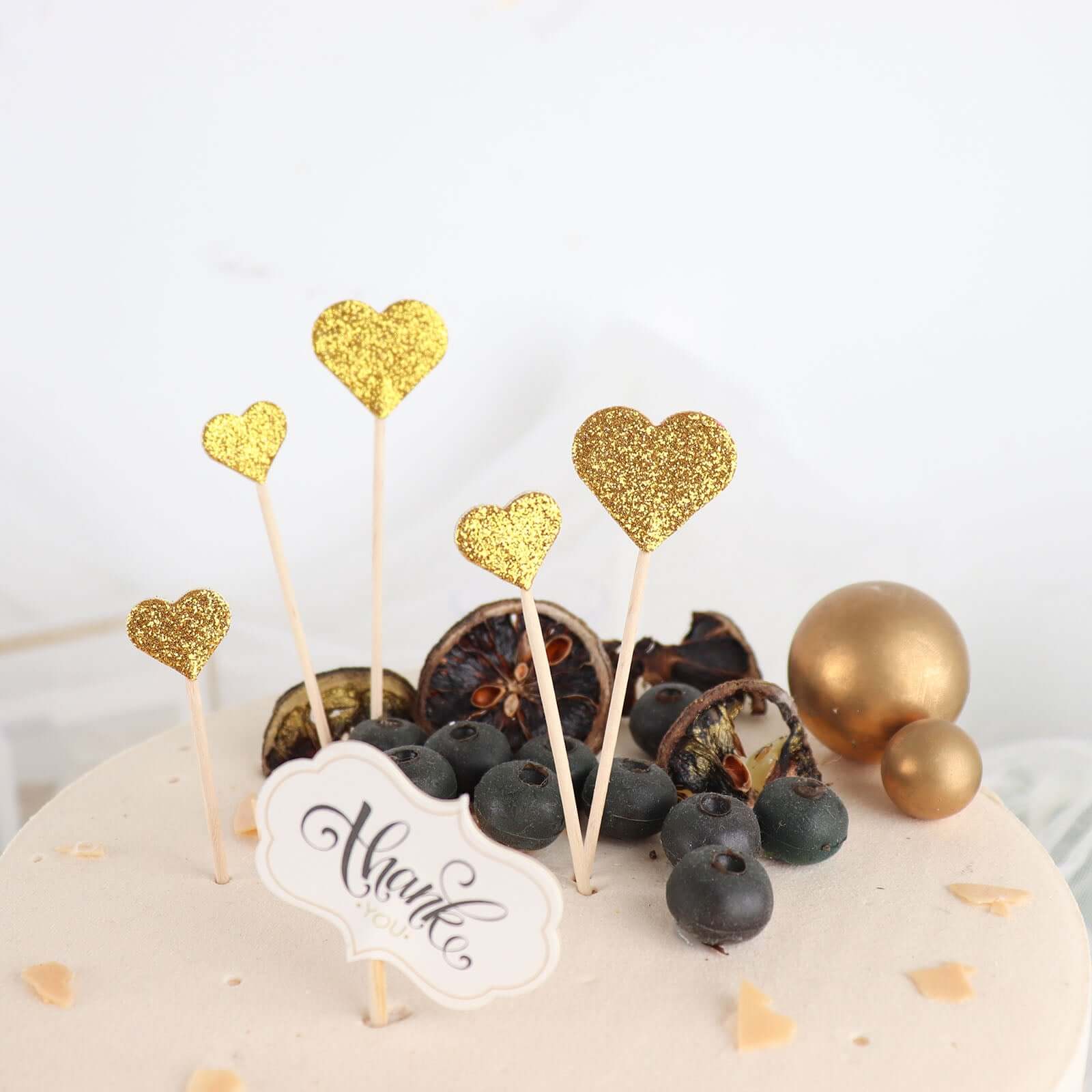 24-Pack Cupcake Topper Picks Heart Shaped Design Glitter Gold - Party Cake Toppers 4.5", 4"