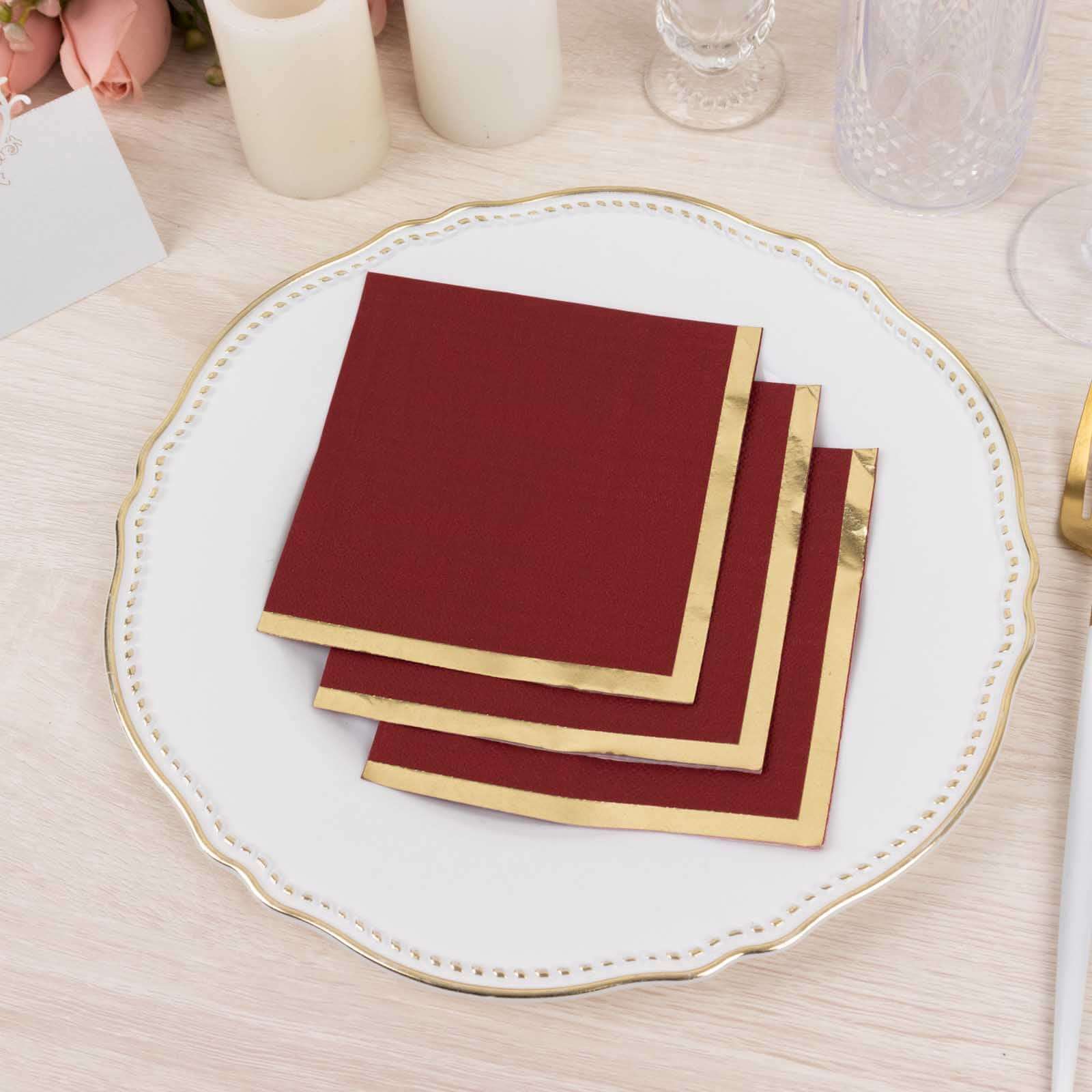 50-Pack Paper Beverage Napkins Burgundy with Gold Foil Edge - 2 Ply Disposable Soft 18GSM Cocktail Napkins 5"x5"