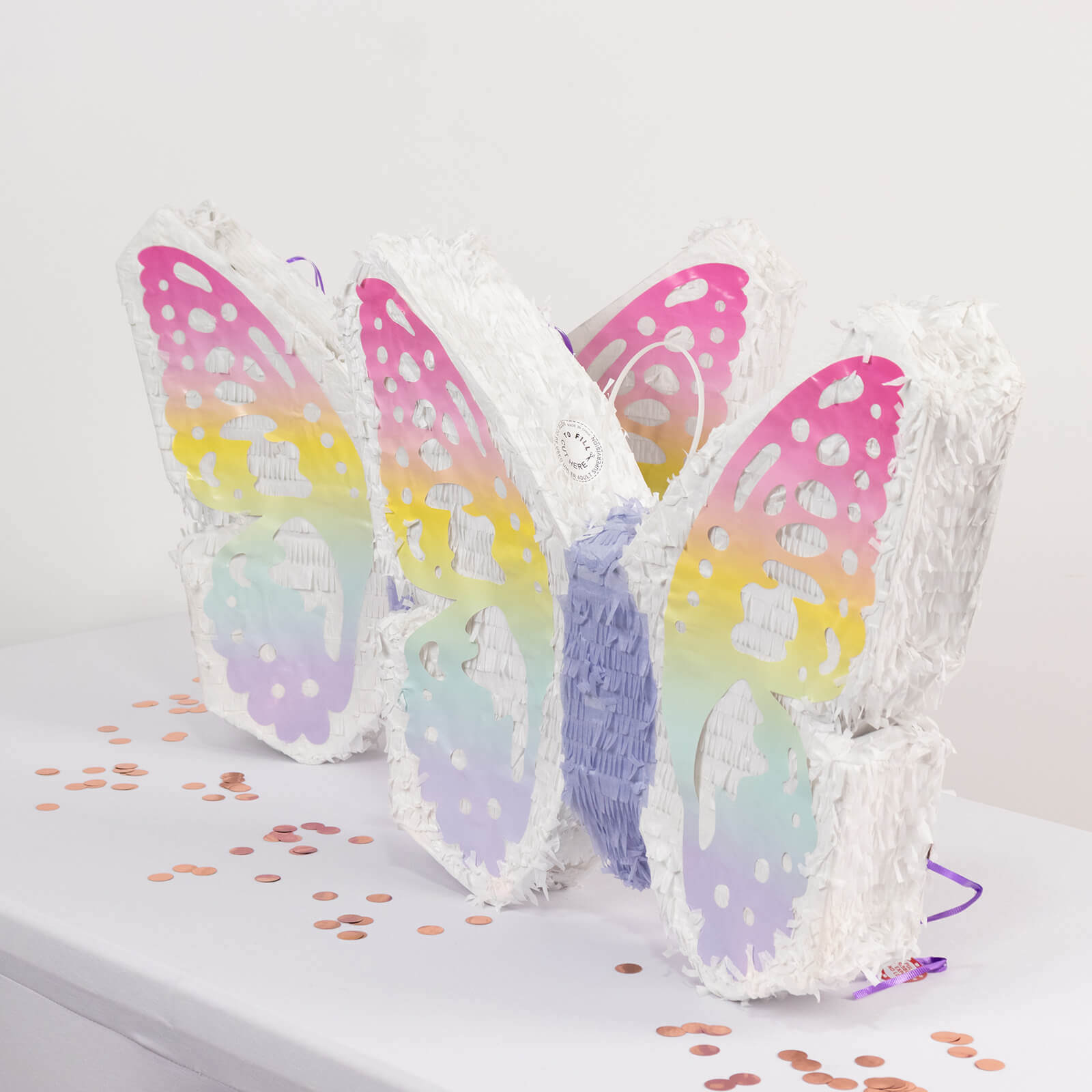 Expandable White Lilac Paper Butterfly Pinata Hanging Decor with Pastel Colored Wings, Fairy Themed Birthday Party Pinata - 23"x19"