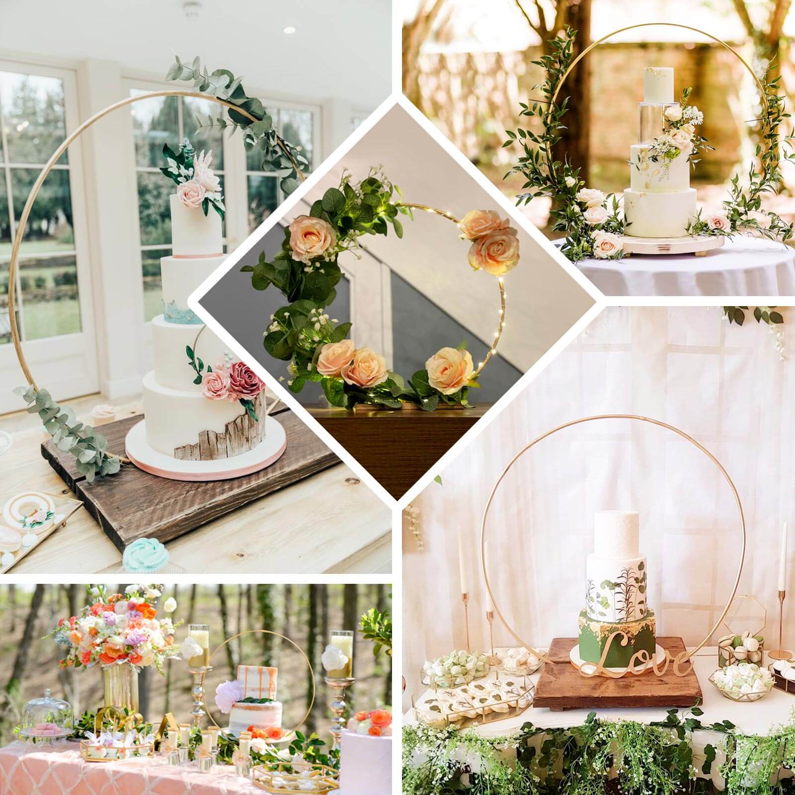 Metal Round Floral Hoop Cake Stand Gold - Chic Geometric Dessert Display DIY Centerpiece Table Decoration With Wooden Base 33"