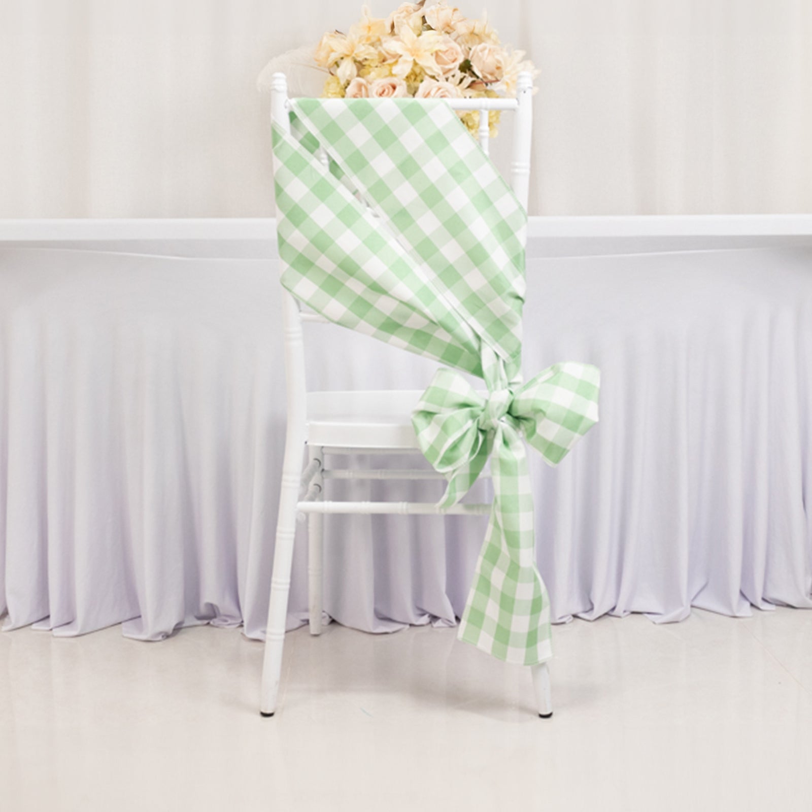5 Pack Polyester Chair Sashes Sage Green/White Buffalo Plaid - Durable & Reusable Chair Bows 6"x108"